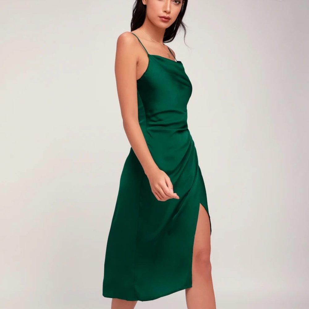 Forest Green Satin Midi Dress